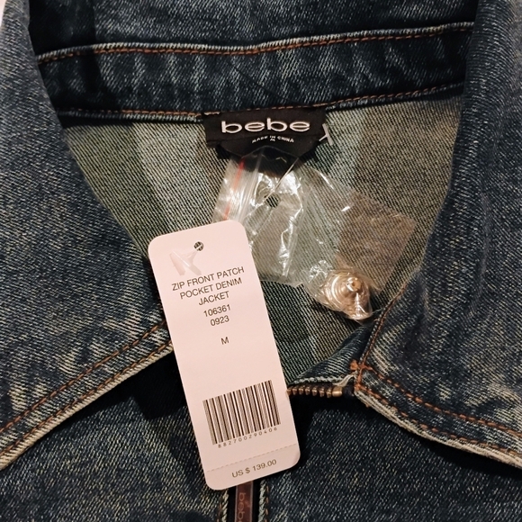 New With Tags Bebe Size Medium Women's Denim Zip Front Patch Pocket Jacket - Picture 3 of 12